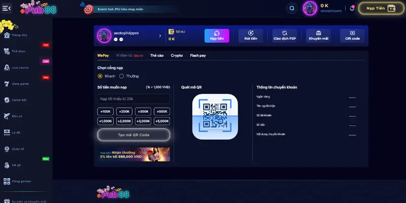 Hướng dẫn nạp tiền Pub88 không mất tiền