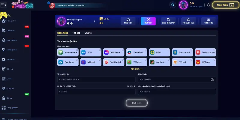 Hướng dẫn rút tiền Pub88 chi tiết